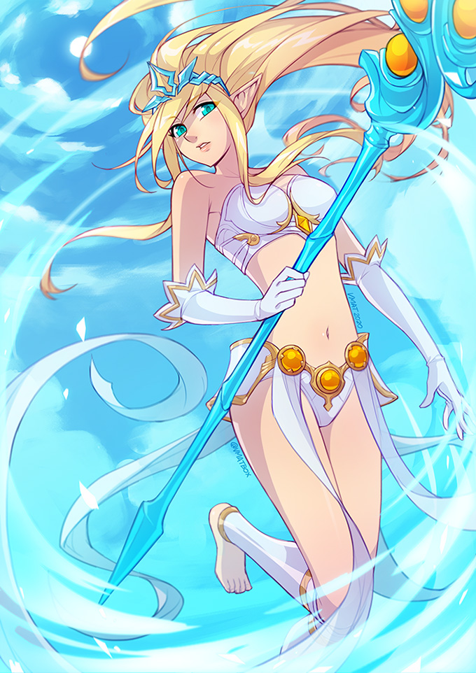 1girl artist_name bandeau bangs barefoot blonde_hair blue_eyes breasts cloud commentary_request day elbow_gloves floating gloves green_eyes holding holding_staff janna_(league_of_legends) large_breasts league_of_legends long_hair long_torso looking_at_viewer navel outdoors pointy_ears skirt solo staff vmat white_gloves white_skirt