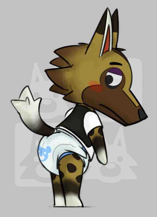 animal_crossing anthro blush canid canine canis diaper embarrassed ire-k kyle_(animal_crossing) looking_back male mammal nintendo raised_tail solo standing video_games wolf