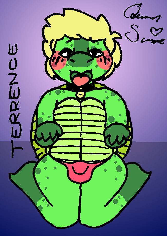 anthro bell big_bulge black_collar blonde_hair blush blush_lines bulge clothing collar flat_colors freckles freckles_on_butt freckles_on_shoulders gradient_background green_body green_scales green_shell hair looking_at_viewer looking_pleasured male no_shading open_mouth pantie_bulge panties paw_pose pose queen_susie red_clothing red_panties red_underwear reptile scales scalie shell signature simple_background solo submissive submissive_anthro submissive_male terrence_(wetwaffls) text tongue tongue_out tortoise turtle turtle_shell underwear wide_hips