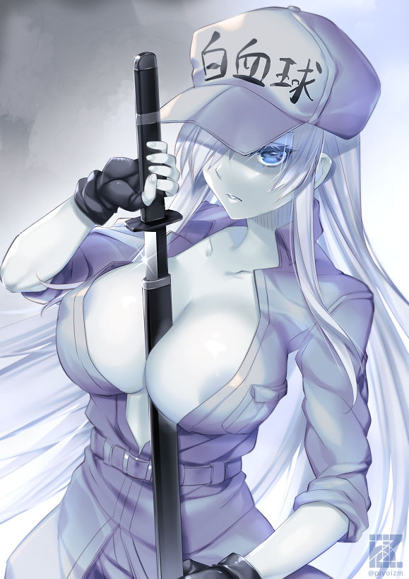 1girl areola_slip areolae baseball_cap between_breasts blue_eyes breasts center_opening collarbone colored_skin fingerless_gloves flat_cap gloves hair_over_one_eye hat hataraku_saibou hataraku_saibou_black holding holding_sword holding_weapon katana large_breasts long_hair parted_lips sanom sheath sidelocks silver_hair solo sword u-1196 unsheathing upper_body weapon white_skin white_uniform