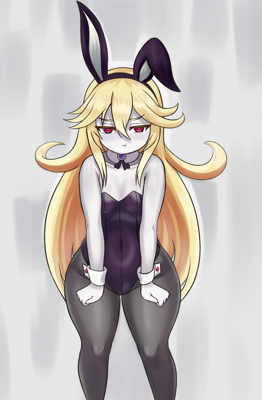 1girl :d animal_ears annoyed bangs bare_shoulders black_legwear blonde_hair breasts clenched_hands commentary covered_navel detached_collar fake_animal_ears grey_skirt hair_between_eyes hairband highres leotard long_hair looking_at_viewer monster_girl_encyclopedia nav pantyhose playboy_bunny pout purple_leotard rabbit_ears red_eyes simple_background skirt small_breasts smile solo torn_clothes torn_legwear very_long_hair wide_hips wight_(monster_girl_encyclopedia) wrist_cuffs