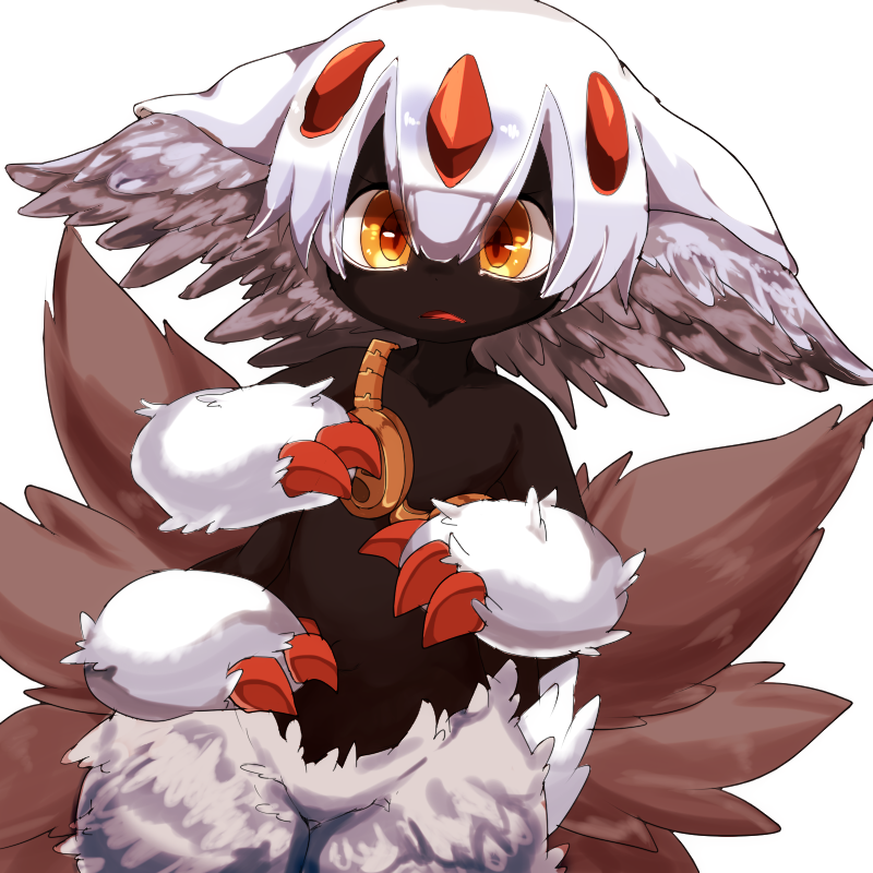 1:1 2017 3_fingers 7_tails black_body black_skin claws digital_media_(artwork) faputa fingers flat_chested frown fur grey_tail h_rin0u0 hair humanoid kemono looking_at_viewer made_in_abyss monotone_tail multi_arm multi_limb multi_tail narehate open_mouth orange_eyes pink_tongue portrait red_claws short_hair simple_background solo three-quarter_portrait tongue white_background white_body white_fur white_hair