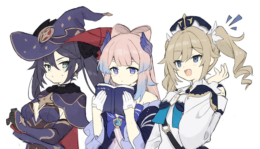 3girls :d barbara_(genshin_impact) bare_shoulders black_bow black_gloves black_hair blue_bow blue_capelet blue_hair blue_headwear blue_horns blue_kimono blue_leotard blush book bow capelet closed_mouth colored_tips crescent crescent_hat_ornament detached_sleeves dress freenote_mr frilled_sleeves frills fur_collar genshin_impact gloves gold_trim half_gloves hand_up hat hat_bow hat_ornament high_ponytail holding holding_book horns japanese_clothes kimono leotard long_sleeves looking_at_another mona_(genshin_impact) multicolored_hair multiple_girls notice off-shoulder_dress off_shoulder open_mouth pink_hair puffy_long_sleeves puffy_sleeves sangonomiya_kokomi sleeve_cuffs smile star_(symbol) star_hat_ornament twintails vision_(genshin_impact) wave_print weapon_connection white_dress white_gloves white_headwear wide_sleeves witch_hat