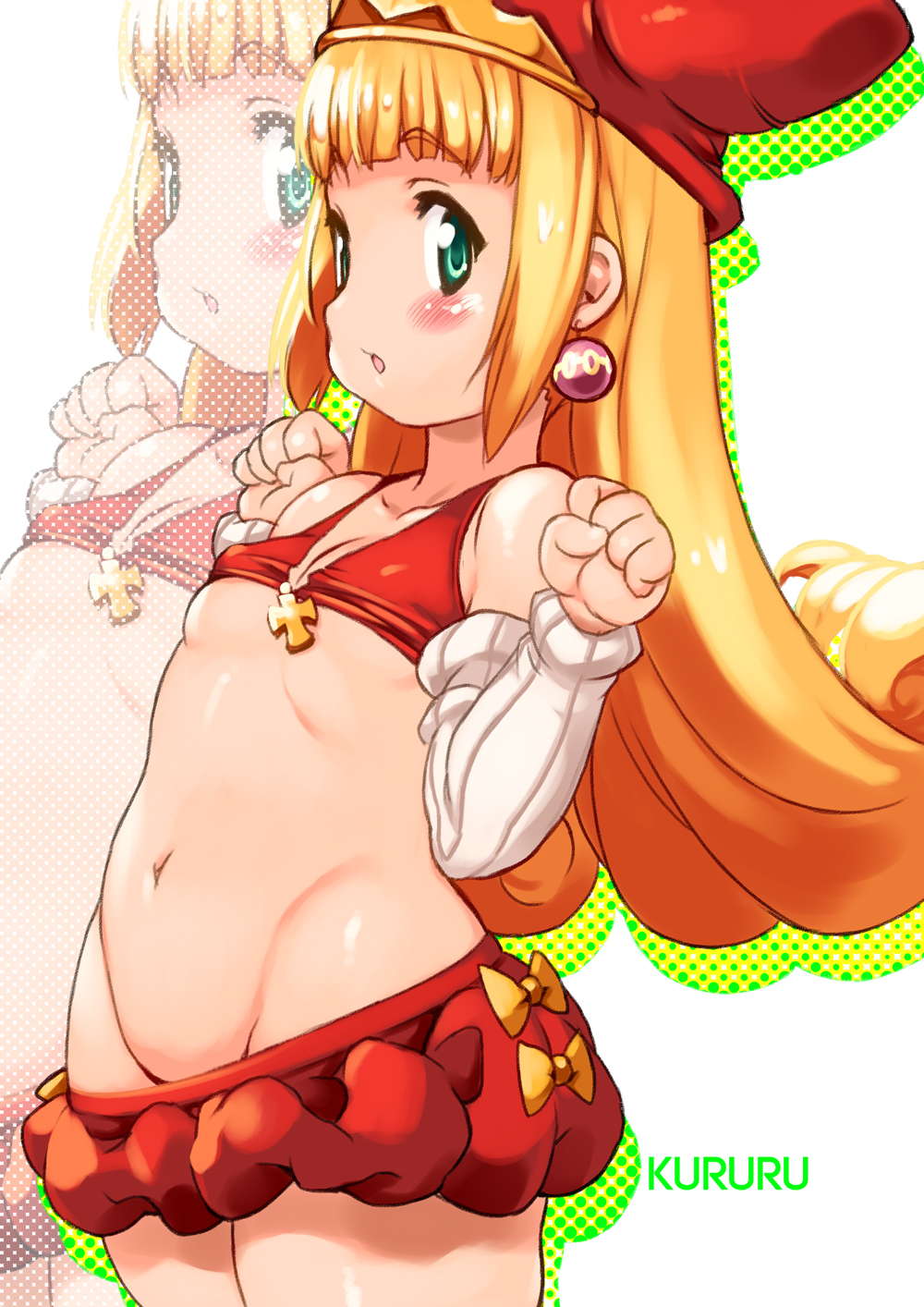 1girl bangs bare_shoulders bikini blonde_hair blush bow character_name clenched_hands clothes_pull collarbone commentary_request cowboy_shot cross detached_sleeves earrings eyebrows_visible_through_hair flat_chest flipped_hair green_eyes groin halftone hands_up highres jewelry kururu_(little_princess) long_hair looking_at_viewer marl_kingdom navel nippon_ichi open_mouth puffy_shorts red_bikini red_headwear red_shorts shiny shiny_hair shiny_skin short_shorts shorts shorts_pull sidelocks sideways_glance solo stomach swimsuit white_background yellow_bow yu_3 zoom_layer