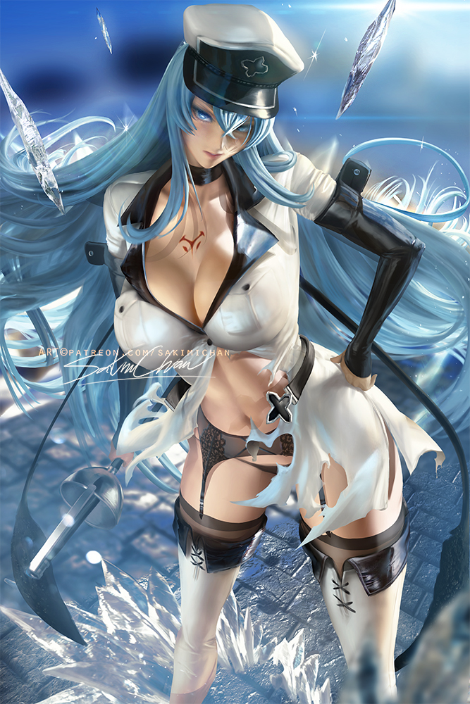 1girl akame_ga_kill! bangs banned_artist blue_eyes blue_hair boots breasts chest_tattoo cleavage esdeath garter_belt garter_straps hair_between_eyes hat ice large_breasts long_hair military military_uniform navel peaked_cap rapier sakimichan standing sword tattoo thigh_boots thighhighs thighs uniform very_long_hair weapon