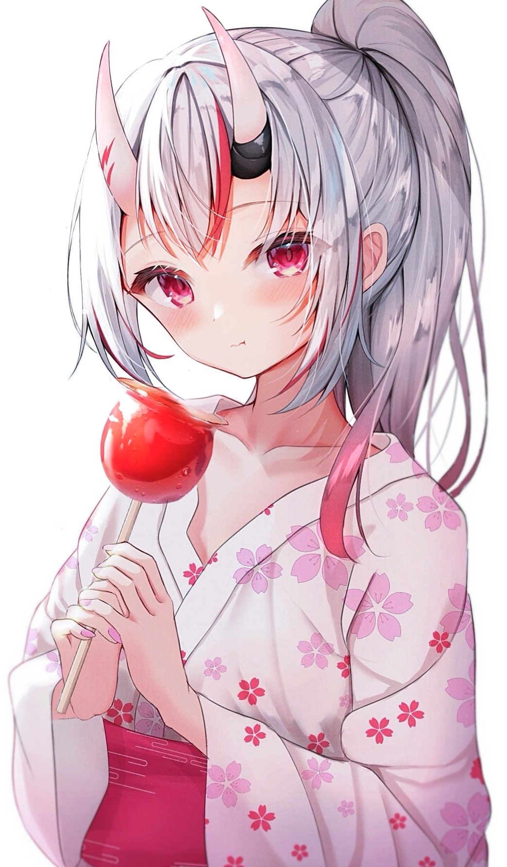 1girl bangs blush candy_apple closed_mouth commentary_request floral_print food highres holding holding_food hololive horns japanese_clothes kimono long_hair long_sleeves looking_at_viewer multicolored_hair nail_polish nakiri_ayame obi oni_horns pink_nails ponytail print_kimono razerman121 red_eyes red_hair sash sidelocks simple_background solo streaked_hair upper_body virtual_youtuber white_background