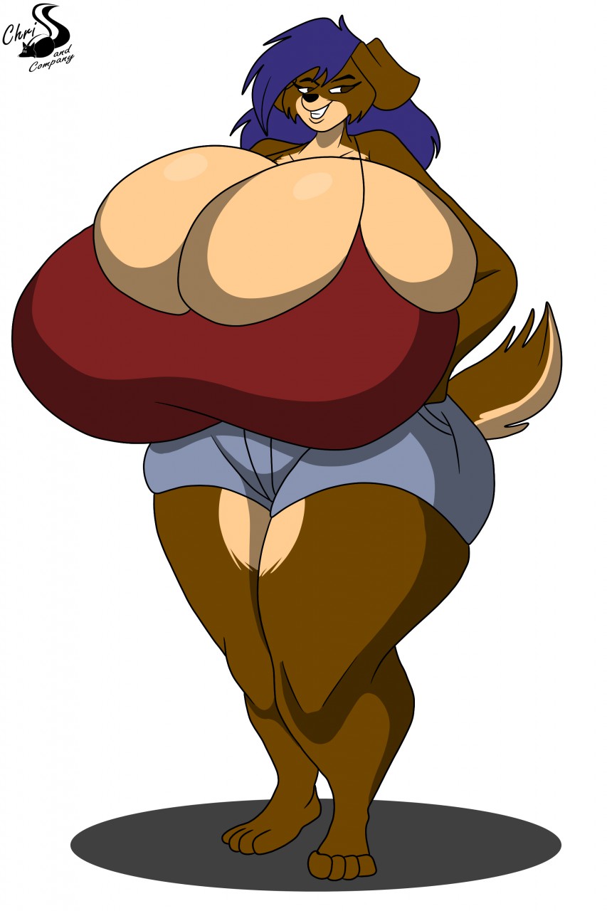 anthro big_breasts breasts canid canine canis chrisandcompany clothing domestic_dog female hair hi_res huge_breasts hyper hyper_breasts mammal solo