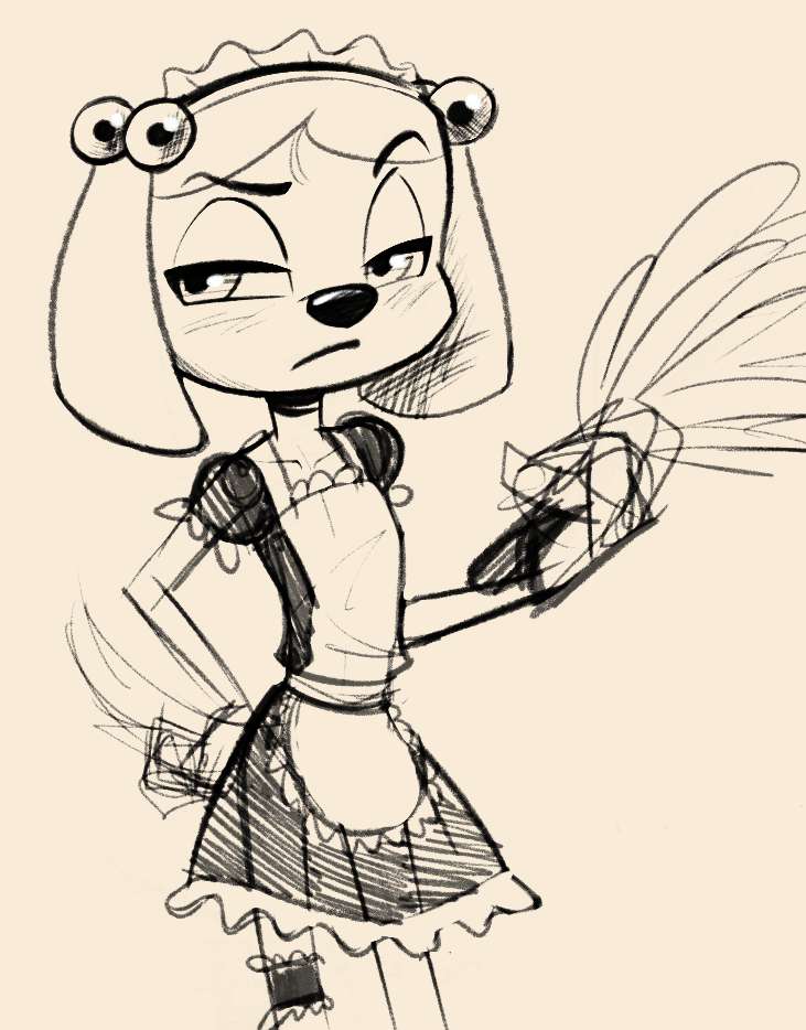 2019 accessory anthro blush brandy_and_mr._whiskers brandy_harrington canid canine canis cleaning_tool clothing disney domestic_dog feather_duster female frown hair_accessory maid_uniform mammal monochrome simple_background sketch solo soulcentinel uniform