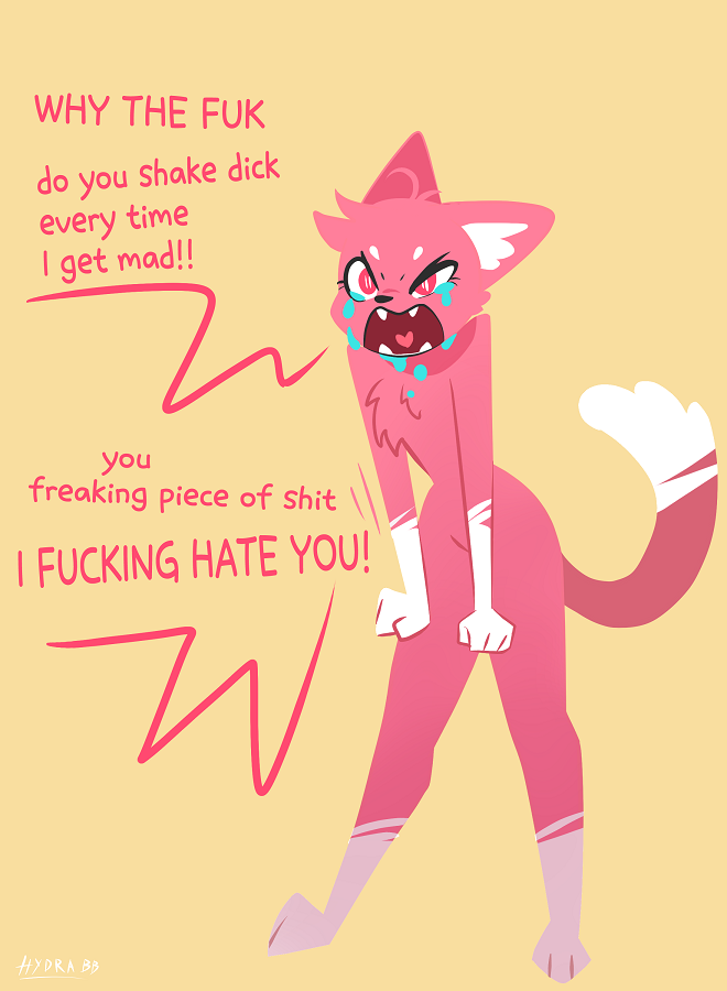 ambiguous_gender anthro bodily_fluids dialogue domestic_cat english_text felid feline felis fur hydrabb looking_mad mammal nude pink_body pink_fur solo tears text yelling