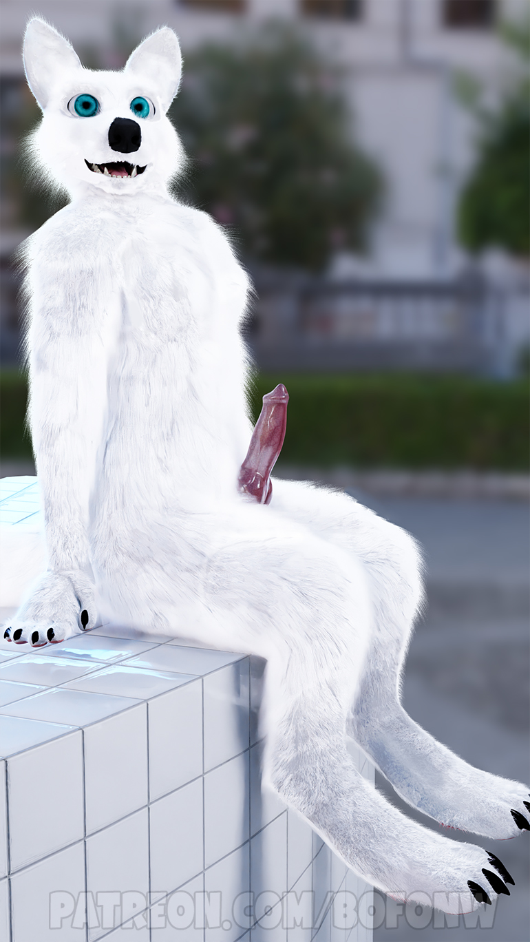 3d_(artwork) animal_genitalia animal_penis anthro black_claws bofonw canid canine canine_penis canis claws digital_media_(artwork) domestic_dog feet fur genitals happy hi_res horny_(disambiguation) male male/male mammal outside paws penis solo white_body white_fur wolf