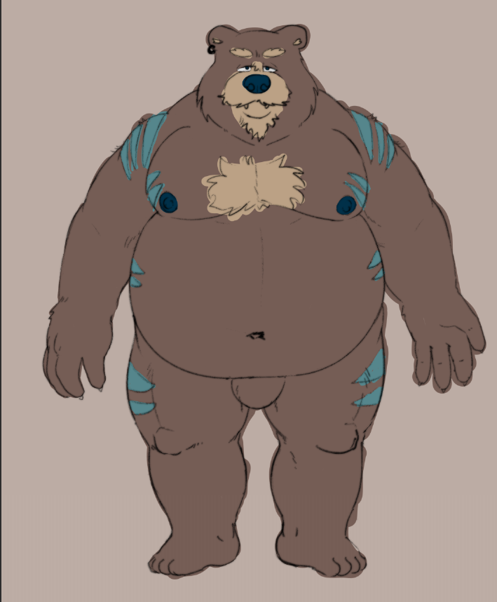 2022 anthro belly black_nose brown_body humanoid_hands loafbeaw male mammal moobs navel nipples overweight overweight_male simple_background solo ursid