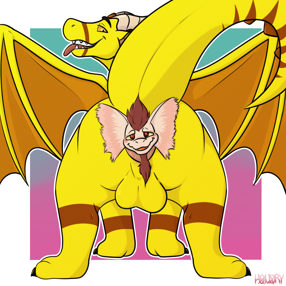 anal anal_vore anthro balls big_butt bird_wyvern butt capcom claws digital_media_(artwork) dragon duo feral genitals hair horn jaggi konory male male/male monster_hunter nude open_mouth reptile scalie signature simple_background size_difference tongue video_games vore wings