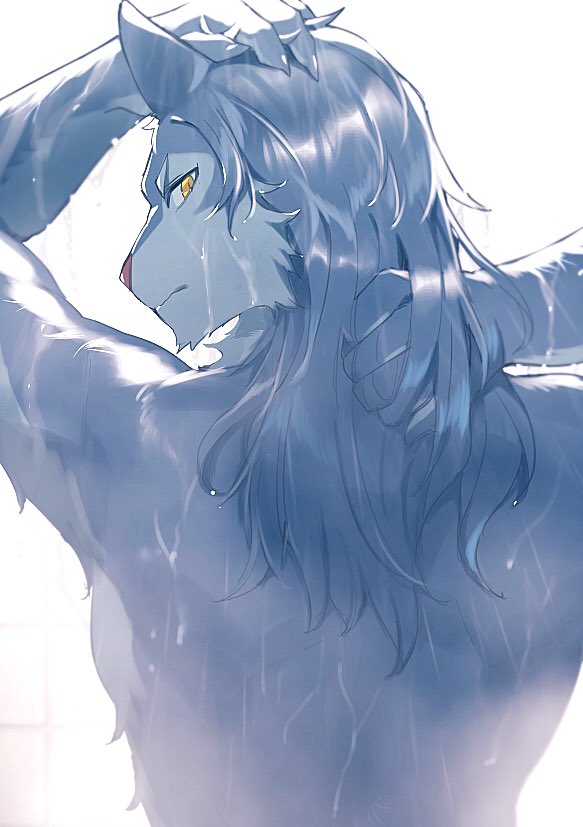 anthro canid canine canis fur grey_body grey_fur hozunomi lifewonders looking_back male mammal managarmr_(housamo) rear_view shirtless showering solo tokyo_afterschool_summoners video_games wet wolf yellow_eyes