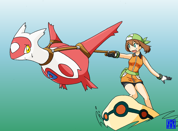 2011 brown_hair duo female gradient_background hair human latias legendary_pok&eacute;mon looking_back mammal may_(pok&eacute;mon) nintendo omoi pok&eacute;mon pok&eacute;mon_(species) rope simple_background smile surfing video_games yellow_eyes