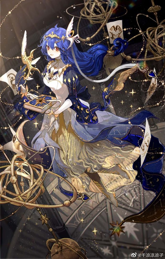 1girl :d ahoge bangs blue_hair book breasts chinese_commentary commentary_request constellation full_body gold hair_between_eyes lens_flare long_hair looking_at_viewer low-tied_long_hair medium_breasts official_art open_mouth original red_eyes senryoko smile solo sparkle tiara