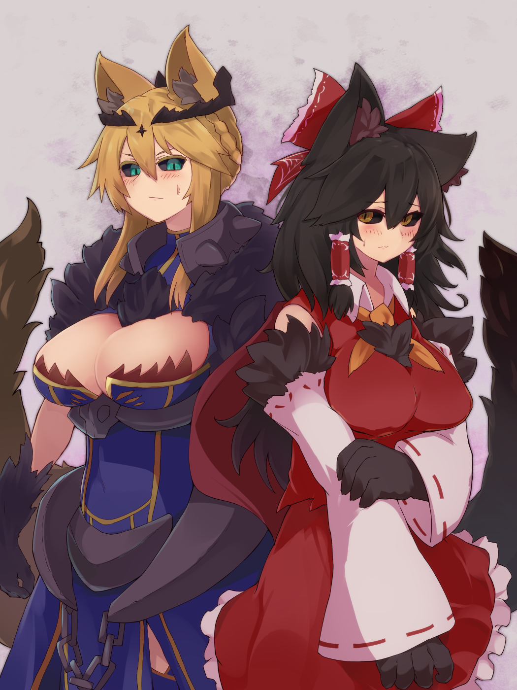 accessory alternate_species animal_humanoid arm_tuft armor armwear artoria_pendragon big_breasts biped black_body black_ears black_fur black_hair black_inner_ear black_sclera black_tail blonde_hair blue_clothing blue_dress blush bodily_fluids bow_ribbon braided_hair breasts brown_body brown_fur brown_tail canid canid_humanoid canine canine_humanoid chest_tuft circlet cleavage_cutout clothed clothing collar colored crossover detached_sleeves digital_drawing_(artwork) digital_media_(artwork) dress duo eyelashes fate_(series) female fluffy fluffy_tail front_view fully_clothed fur fur_trim_(clothing) green_eyes grey_background grey_inner_ear_fluff hair hair_accessory hair_bow hair_ribbon hair_tubes hi_res humanoid humanoidized inner_ear_fluff light_body light_skin long_hair long_tail looking_at_viewer mammal mammal_humanoid monotone_body monotone_ears monotone_fur monotone_hair monotone_tail multicolored_body multicolored_fur paws portrait pupils red_bow red_clothing red_dress red_inner_ear_fluff red_ribbon reimu_hakurei ribbons shaded simple_background slit_pupils spiked_collar spikes standing sweat sweatdrop three-quarter_portrait three-quarter_view touhou tuft video_games white_armwear white_clothing wolf_humanoid yellow_ears yellow_eyes yellow_inner_ear yonaga