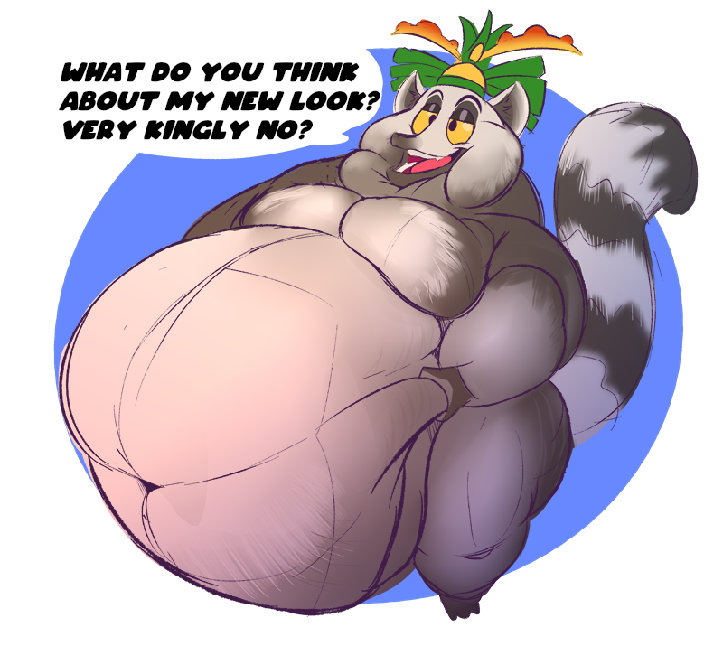 1:1 2022 anthro belly big_belly clothing crown dialogue dreamworks half-closed_eyes hat headgear headgear_only headwear headwear_only holding_belly king_julien lemur looking_at_viewer madagascar_(series) male mammal moobs mostly_nude narrowed_eyes navel nude obese obese_anthro obese_male open_mouth overweight overweight_anthro overweight_male primate raised_tail sharkvore smile solo speech_bubble strepsirrhine teeth text tongue