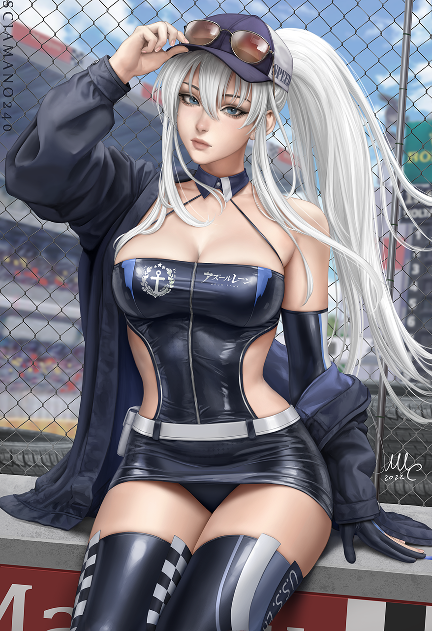 1girl artist_name azur_lane bangs baseball_cap belt belt_pouch black_jacket blue_eyes blurry blurry_background breasts bridal_gauntlets chain-link_fence checkered cleavage closed_mouth copyright_name eagle_union_(emblem) english_commentary enterprise_(azur_lane) enterprise_(wind_catcher)_(azur_lane) eyewear_on_headwear fence hair_between_eyes hand_on_headwear hat highres jacket large_breasts lips long_hair looking_at_viewer miniskirt off_shoulder official_alternate_costume panties pantyshot ponytail pouch race_queen racetrack sciamano240 sidelocks single_bare_shoulder single_bridal_gauntlet sitting skirt solo sunglasses thighhighs tight underwear very_long_hair waist_cutout white_hair