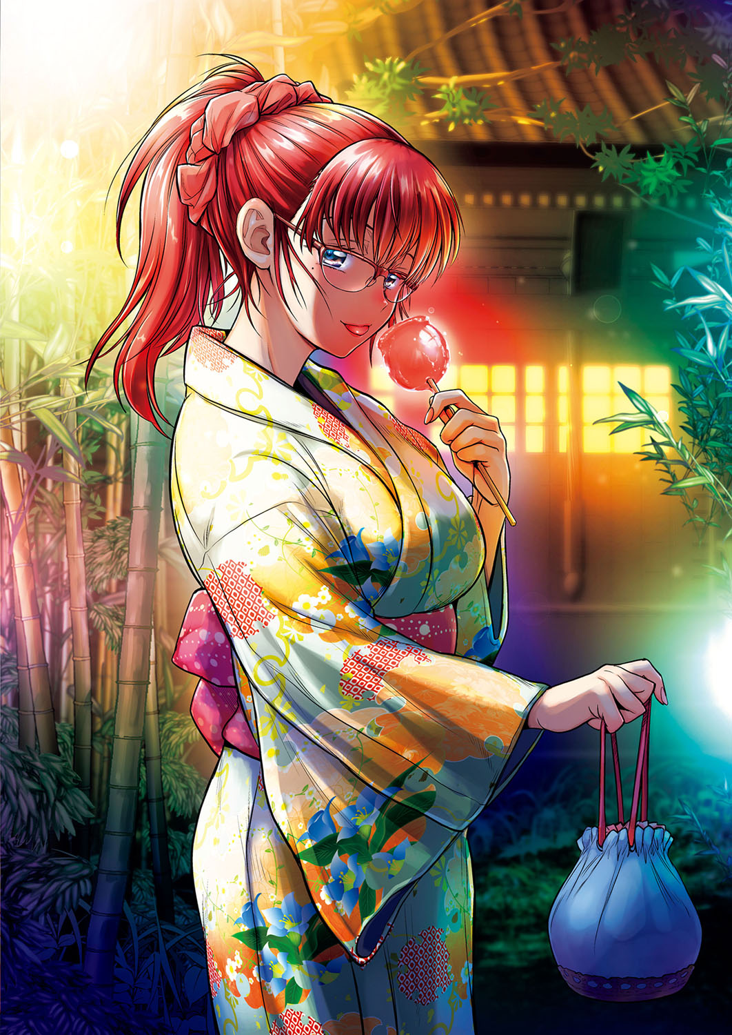 1girl :p bamboo blue_eyes blush brown-framed_eyewear candy candy_cane colorful distance food from_side hair_ornament hair_scrunchie highres holding japanese_clothes kimono kinchaku long_sleeves looking_at_viewer looking_to_the_side mole mole_under_eye original over-rim_eyewear ponytail pouch red_hair scrunchie semi-rimless_eyewear smile solo standing tongue tongue_out wide_sleeves yukata