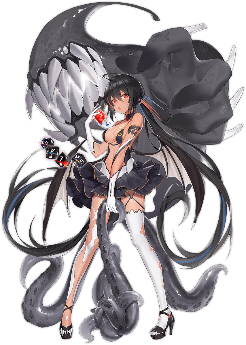 1girl ahoge ark_order armlet bands black_bra black_footwear black_hair black_skirt blue_eyes bra cthulhu_mythos dark-skinned_female dark_skin dice elbow_gloves eldritch_abomination full_body glint gloves high_heels highres long_hair looking_at_viewer multicolored_hair navel nyarlathotep nyarlathotep_(ark_order) official_art open_mouth platform_footwear platform_heels pre_(preecho) red_eyes red_hair shoes sidelocks single_thighhigh skirt solo streaked_hair tachi-e tentacles thighhighs tongue tongue_out transparent_background underwear very_long_hair white_gloves white_legwear