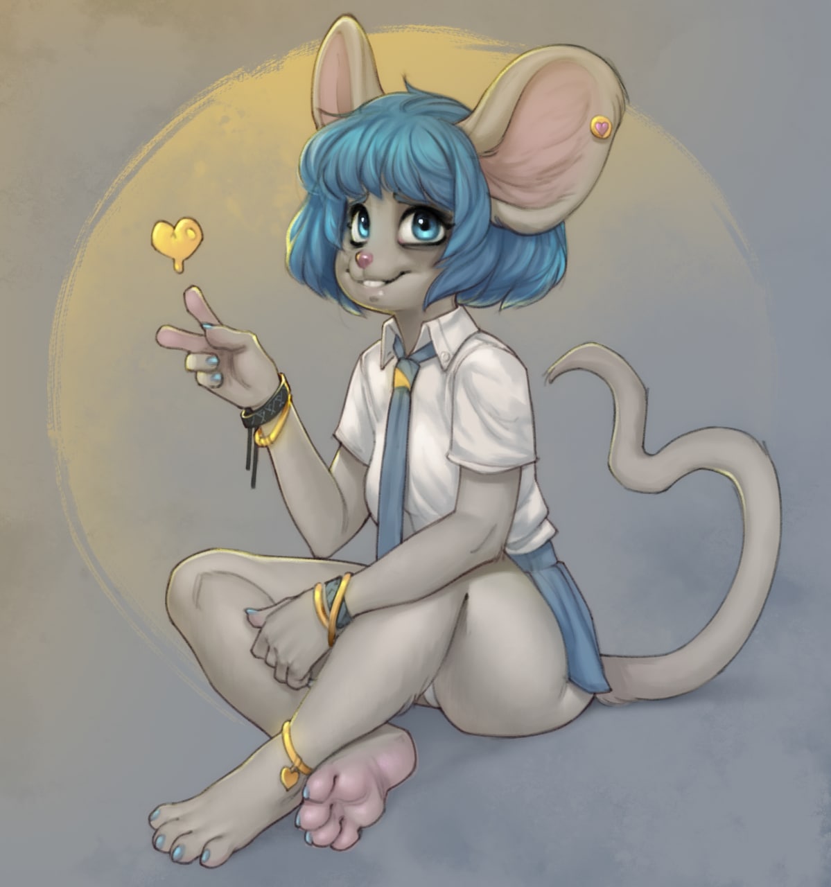 &lt;3 4_toes anklet anthro barefoot blue_claws blue_eyes blue_hair bottomwear bracelet claws clothing crossed_legs deymos dress_shirt ear_piercing ear_stud feet female fleur_(deymos) fur gesture gold_(metal) gold_jewelry grey_body grey_fur hair hi_res jewelry looking_at_viewer makeup mammal mascara miniskirt mouse murid murine necktie piercing pink_nose plantigrade rodent shirt simple_background sitting skirt smile soles solo toes topwear v_sign