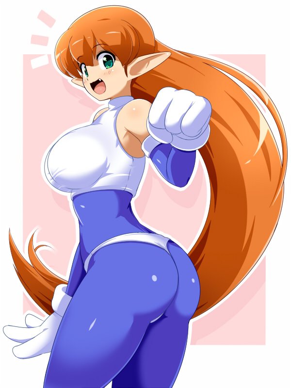2016 bodysuit bra breasts brown_hair butt clothed clothing eyebrows eyelashes fangs female galaxy_fight gloves green_eyes hair handwear humanoid humanoid_pointy_ears konpeto long_hair looking_at_viewer lutecian mammal not_furry open_mouth red_hair roomi skinsuit solo spandex sports_bra thong tight_clothing tongue underwear white_clothing white_sports_bra white_thong white_underwear