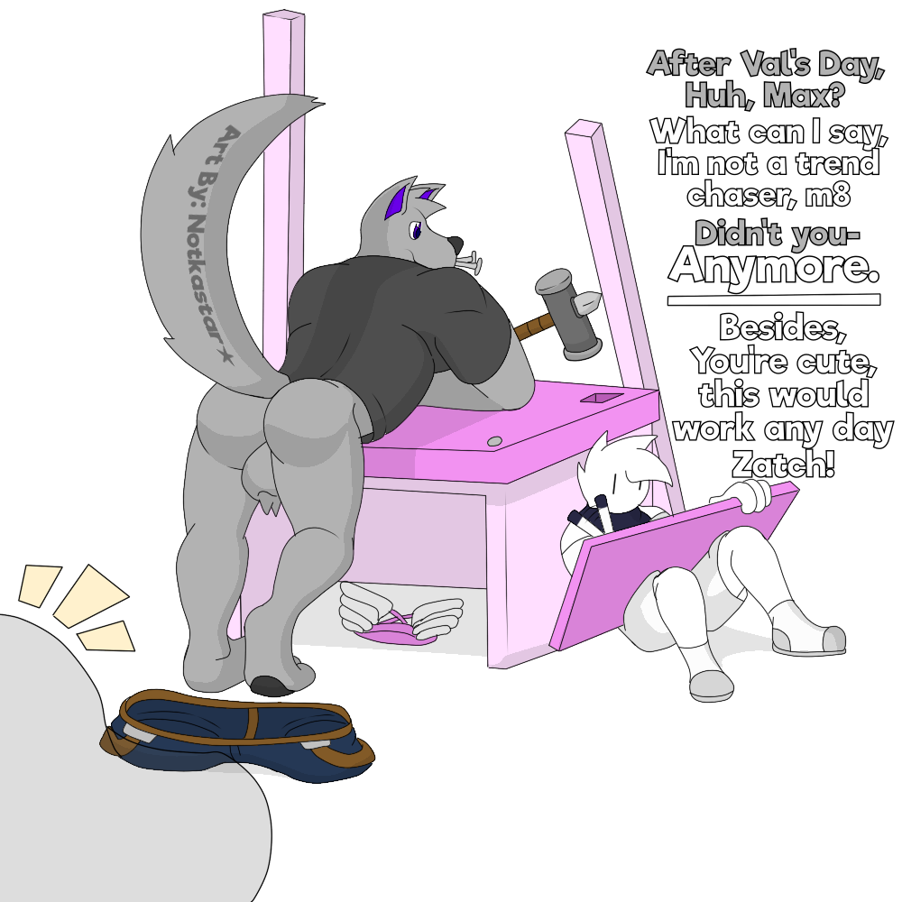 anthro balls bottomless bottomwear building butt canid canine canis clothed clothing duo fluffy furniture genitals hair hammer harness male mammal marker max_(character) nails notkastar pants public solo table tools wings wolf writing_(disambiguation) zatch_(character)