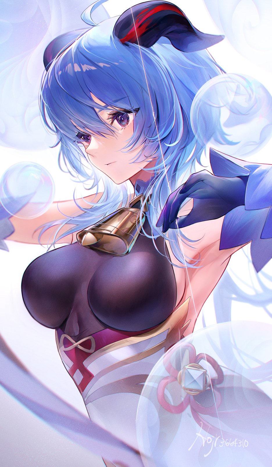 1girl ahoge armpits artist_name bell blue_gloves blue_hair breasts bubble closed_mouth cowbell detached_sleeves eyebrows_visible_through_hair ganyu_(genshin_impact) genshin_impact gloves goat_horns hair_between_eyes highres hoojiro horns large_breasts long_hair looking_away purple_eyes solo