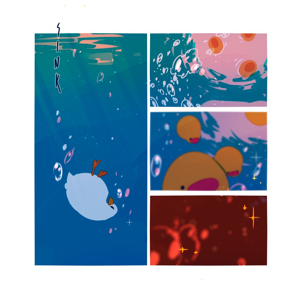 animal animal_focus bird border bubble closed_eyes diving duck duckling english_commentary english_text floating jauni_(tofublock) no_humans original sparkle underwater water white_border