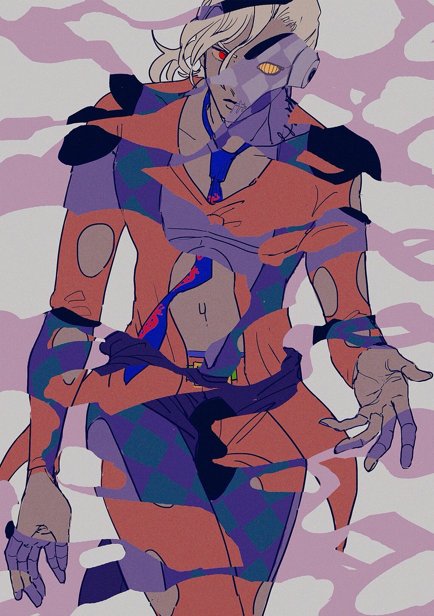 1boy argyle blonde_hair clothing_cutout dual_persona formal fuku_(r-i-h-o) highres jojo_no_kimyou_na_bouken male_focus mask necktie pannacotta_fugo purple_haze_(stand) red_eyes revealing_layer smoke solo suit vento_aureo visor white_hair