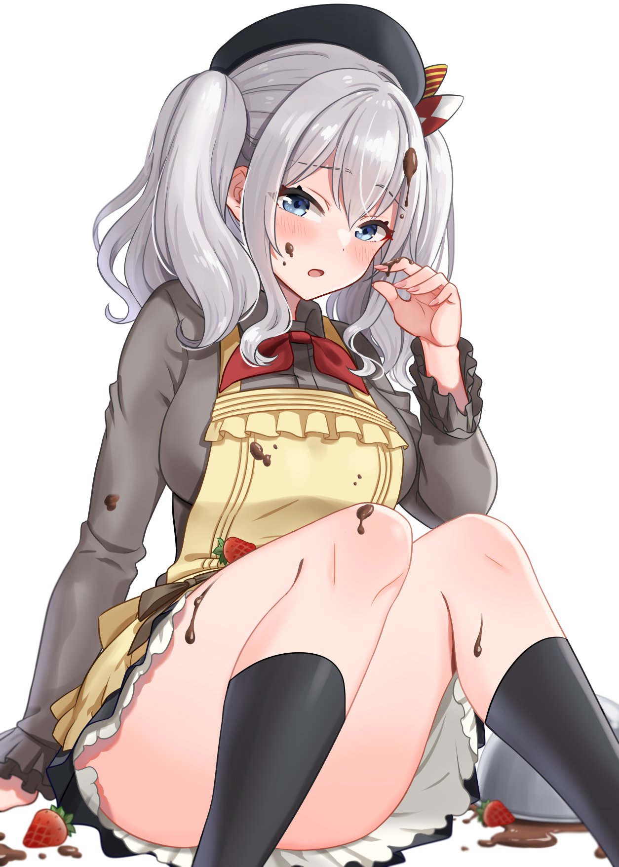 1girl apron beret black_headwear black_legwear blue_eyes blush breasts chocolate collared_shirt eyebrows_visible_through_hair food fruit grey_shirt grey_skirt hair_between_eyes hat highres kantai_collection kashima_(kancolle) kerchief kneehighs large_breasts long_sleeves mixing_bowl natsume_(natsume_melio) open_mouth red_neckwear shirt short_hair silver_hair simple_background skirt solo strawberry twintails white_background yellow_apron