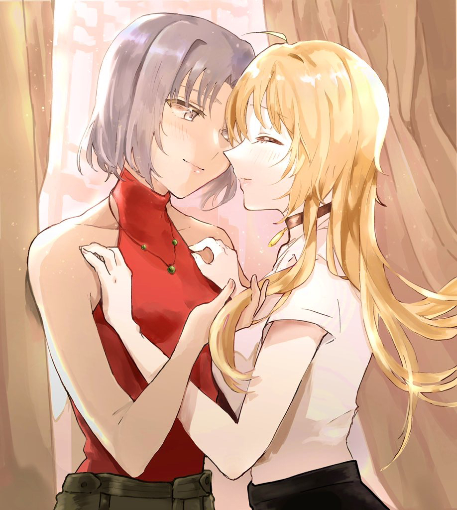 2girls 428 ahoge blonde_hair blush brown_eyes brown_hair canaan canaan_(character) choker closed_eyes commentary_request curtains face-to-face facing_another hand_in_hair jewelry long_hair massuruneko multiple_girls necklace oosawa_maria red_shirt shirt short_hair short_sleeves sleeveless sleeveless_shirt smile white_shirt window yuri