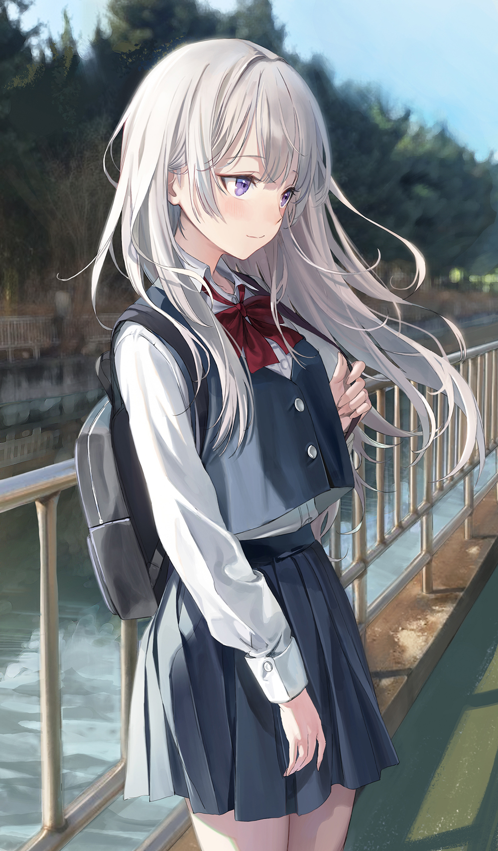 1girl bag bangs blue_skirt blue_sky blue_vest blurry blurry_background blush bow bowtie closed_mouth collared_shirt dress_shirt emyo hand_up highres long_hair long_sleeves original outdoors pleated_skirt purple_eyes railing red_bow red_bowtie river school_bag school_uniform shirt skirt sky smile solo standing tree vest water white_hair white_shirt