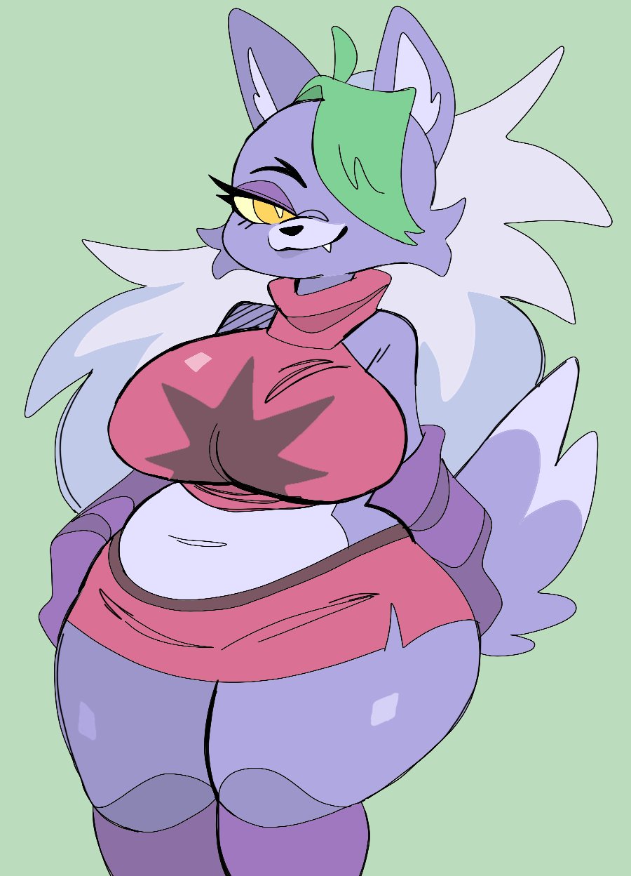 2021 2022 amber_eyes animatronic anthro belly big_breasts black_eyebrows black_nose bottomwear breasts canid canine canis cheek_tuft chubby_anthro chubby_female clothing countershade_belly countershade_snout countershade_tail countershade_torso countershading cute_fangs digital_media_(artwork) eyebrows facial_tuft female five_nights_at_freddy's five_nights_at_freddy's:_security_breach front_view fur green_background green_highlights hi_res highlights_(coloring) light_belly light_body light_countershading light_hair light_inner_ear machine mammal multicolored_clothing multicolored_topwear narrowed_eyes navel pink_bottomwear pink_clothing pink_topwear portrait pupils puppychan48 purple_body purple_fur purple_sleeves robot roxanne_wolf_(fnaf) scottgames simple_background slightly_chubby snout solo tan_sclera three-quarter_portrait three-quarter_view topwear tuft two_tone_clothing two_tone_topwear video_games white_pupils wolf