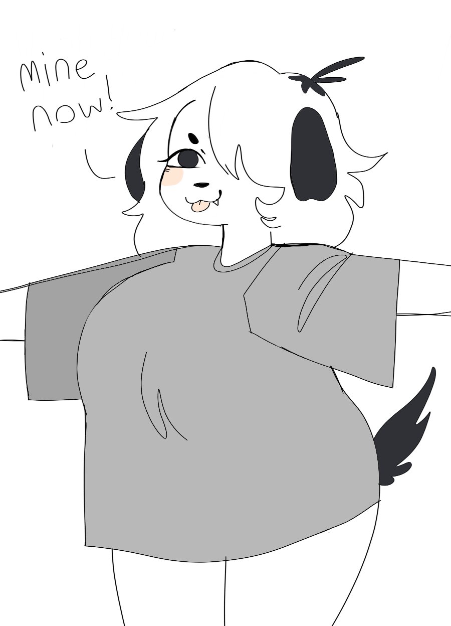 2022 :3 anthro big_shirt biped black_ears black_eyebrows black_nose black_tail bottomless canid canine canis clothed clothing cute_fangs dialogue digital_media_(artwork) domestic_dog english_text eyebrows female floppy_ears front_view fur grey_clothing grey_shirt grey_t-shirt grey_topwear hair hair_over_eye hi_res looking_at_clothing looking_at_object mammal monotone_body monotone_clothing monotone_fur monotone_hair monotone_shirt monotone_topwear no_shading one_eye_obstructed open_mouth oversized_shirt partially_clothed pink_cheeks pink_tongue portrait puppychan puppychan48 shirt simple_background solo spread_arms standing t-shirt text three-quarter_portrait tongue tongue_out topwear white_background white_body white_fur