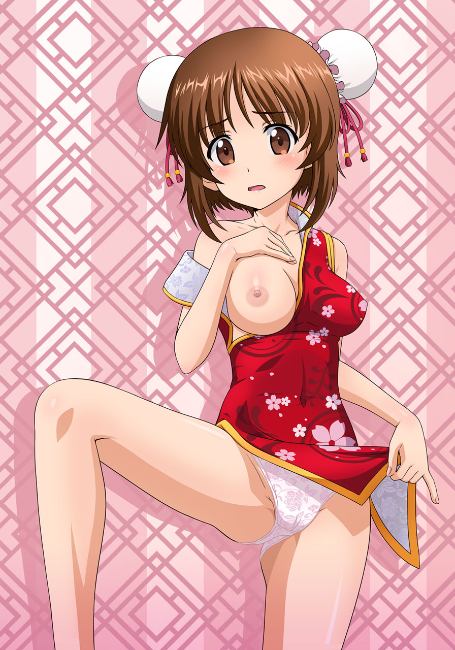 1girl bare_shoulders blush breasts brown_eyes brown_hair cameltoe china_dress chinese_clothes covered_navel double_bun dress eyebrows_visible_through_hair girls_und_panzer highres large_breasts lifted_by_self nipples nishizumi_miho no_bra one_breast_out open_mouth panties shiny shiny_hair shiny_skin short_hair solo tooo underwear white_panties