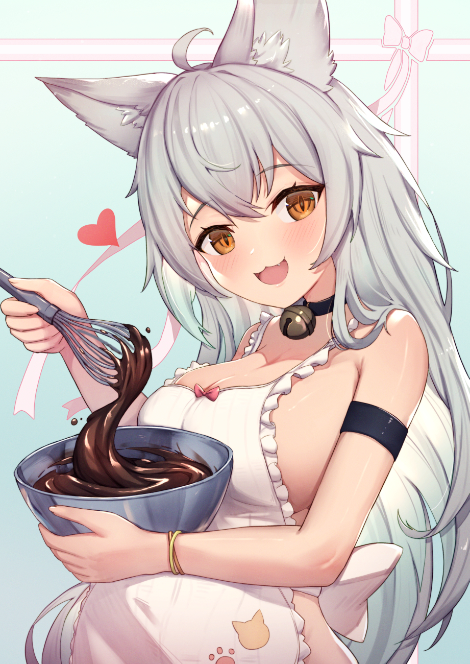 1girl :3 ahoge alternate_costume animal_ears animal_print apron armband bangs bell blush bowl breasts cat_ears cat_print chocolate cleavage collar crossed_bangs erune eyebrows_visible_through_hair frilled_apron frills gift_wrapping granblue_fantasy grey_hair hair_between_eyes heart highres large_breasts long_hair looking_at_viewer mixing_bowl naked_apron neck_bell open_mouth orange_eyes sen_(granblue_fantasy) sideboob sideless_outfit slit_pupils smile solo uneg upper_body whisk