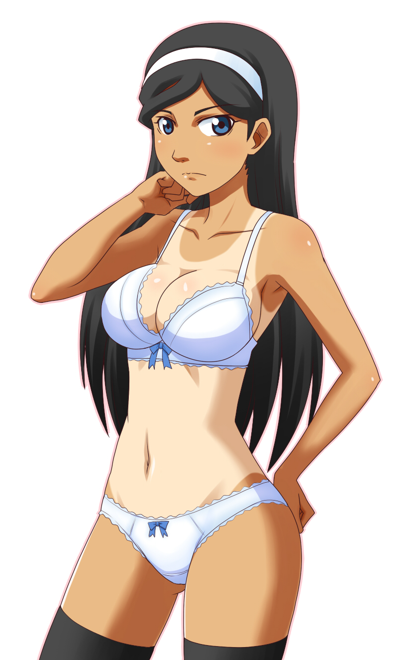 1girl arm_up ass_visible_through_thighs black_hair black_legwear blue_eyes bow bow_bra bow_panties bra breasts cleavage closed_mouth commentary cowboy_shot goriate hairband hand_on_hip highres kumashiro_maya large_breasts light_frown long_hair looking_at_viewer navel panties seikimatsu_occult_gakuin sideboob simple_background solo tan tanlines thighhighs thighs underwear underwear_only white_background white_panties