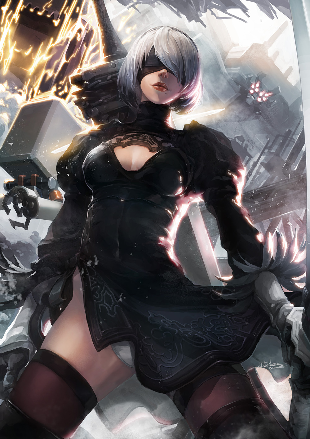 1girl black_blindfold black_dress black_gloves black_legwear blindfold boots breasts cleavage_cutout clothing_cutout cowboy_shot dress facing_viewer feather-trimmed_sleeves floating floating_object floating_sword floating_weapon gloves hexaoyama highres holding holding_sword holding_weapon katana large_breasts leotard long_bangs machine_(nier) mecha mole mole_under_mouth nier_(series) nier_automata pod_(nier_automata) red_lips robot short_hair signature sword thigh_boots thighhighs thighhighs_under_boots thong_leotard weapon weapon_on_back white_hair yorha_no._2_type_b