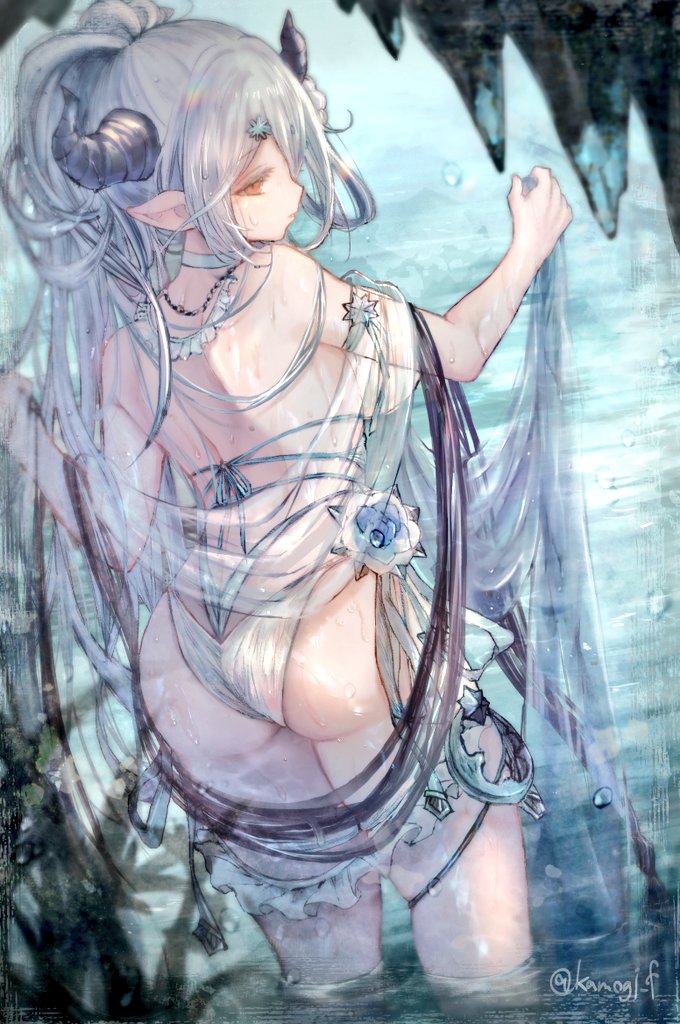 1girl ass bangs bikini choker closed_mouth cowboy_shot day draph granblue_fantasy grey_hair half_updo hand_up horns izmir kamogi lens_flare long_hair looking_at_viewer looking_back orange_eyes parted_bangs pointy_ears see-through solo standing swimsuit tied_hair twitter_username water wet wet_clothes white_bikini white_choker