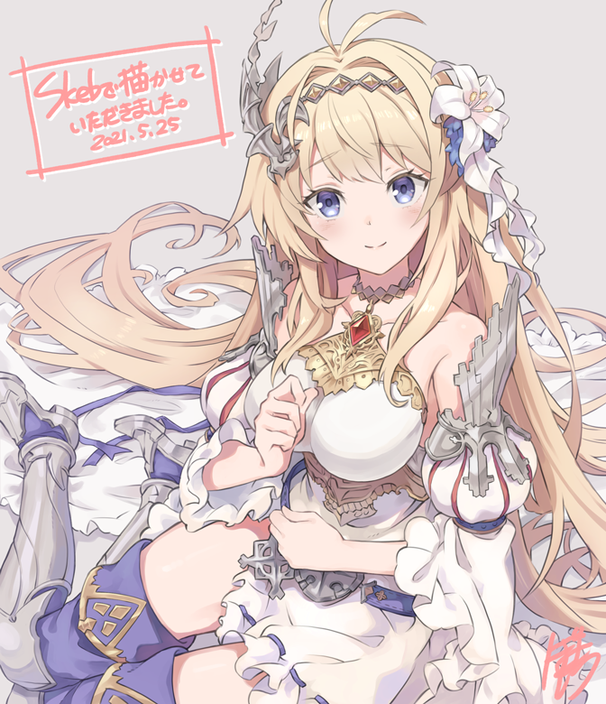 1girl antenna_hair armored_boots bangs bare_shoulders belt blonde_hair blue_eyes blush boots botamochi_(exwelder) breasts commission detached_sleeves dress flower granblue_fantasy grey_background hair_flower hair_intakes hair_ornament hand_up jeanne_d'arc_(granblue_fantasy) large_breasts long_hair looking_at_viewer ribbon-trimmed_dress signature simple_background sitting skeb_commission smile solo strapless strapless_dress thigh_boots thighhighs very_long_hair white_dress yokozuwari