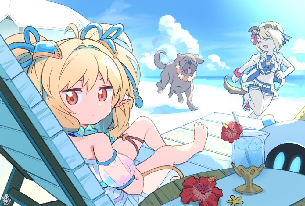 2girls ^_^ animal_ears beach_umbrella belt blonde_hair botamochi_(exwelder) chair closed_eyes cloud crop_top dog dog_ears dog_girl dog_tail flower garjana granblue_fantasy hibiscus hurricane_glass joy_(granblue_fantasy) long_hair looking_at_viewer lounge_chair mahira_(granblue_fantasy) multiple_girls navel open_mouth outdoors reclining red_eyes robot running sailor_collar short_hair shorts smile solo_focus table tail twintails umbrella vajra_(granblue_fantasy) wreath