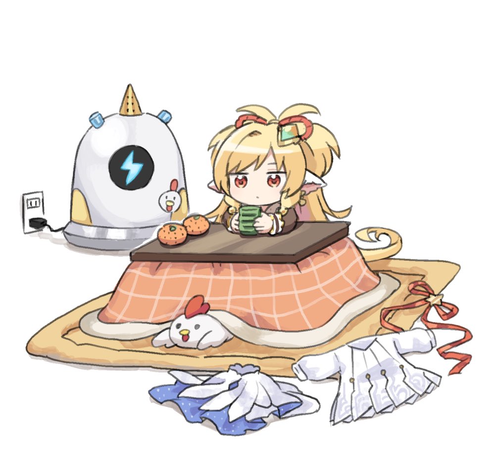 1girl animal_ears bird blonde_hair botamochi_(exwelder) brown_dress chicken clothes cup dress electric_socket food fruit granblue_fantasy holding holding_cup jitome joy_(granblue_fantasy) kotatsu long_hair mahira_(granblue_fantasy) mandarin_orange red_eyes robot rug simple_background sitting table very_long_hair white_background yunomi