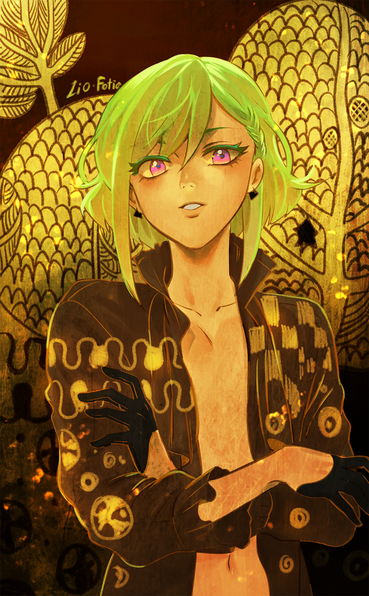 1boy 302 androgynous bare_chest black_gloves black_jacket blonde_hair crossed_arms fine_art_parody gloves glowing glowing_hair green_hair half_gloves highres jacket lio_fotia male_focus open_clothes open_jacket parody promare purple_eyes solo tree