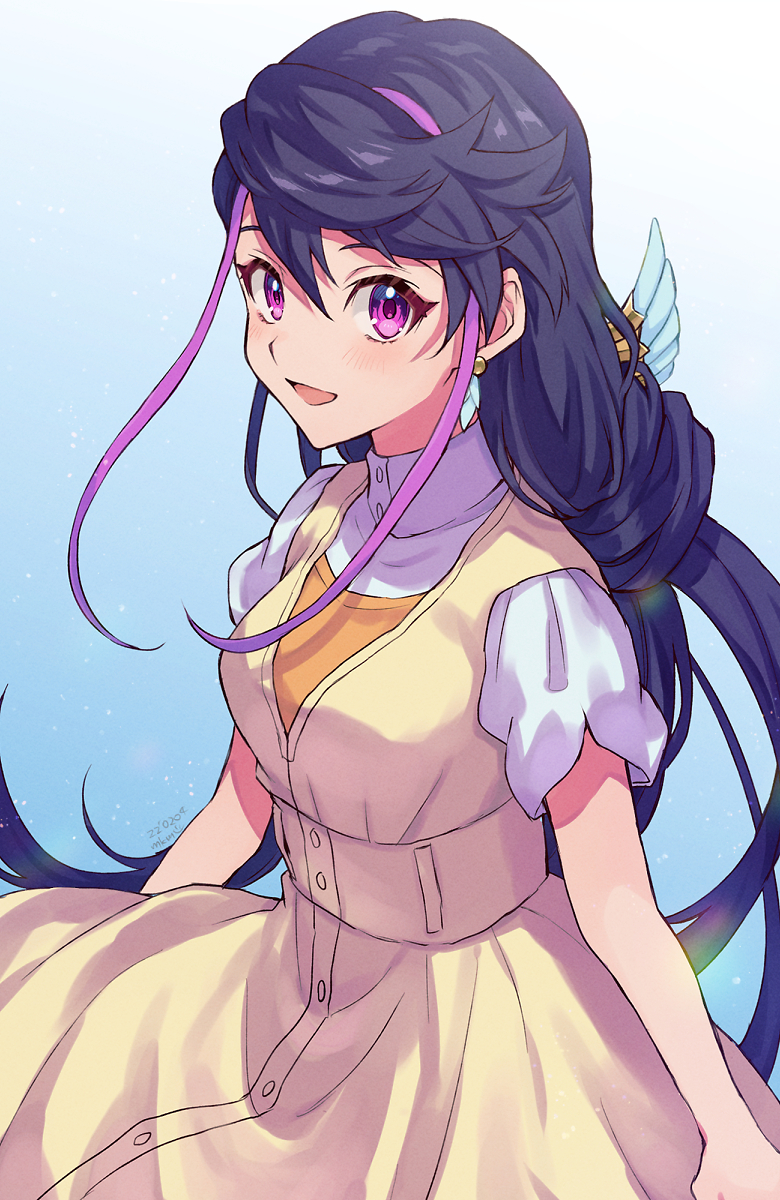 1girl :d black_hair blue_background blush dress earrings floating_hair gradient gradient_background highres jewelry kurosaki_ruri long_hair mikami_(mkm0v0) pinafore_dress red_eyes shirt short_sleeves sleeveless sleeveless_dress smile solo standing very_long_hair white_dress white_shirt yu-gi-oh! yu-gi-oh!_arc-v