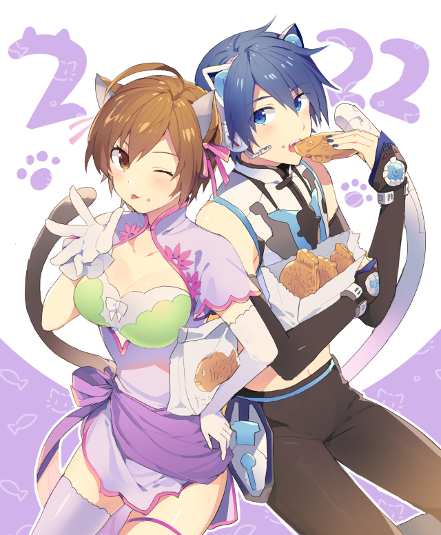 1boy 1girl animal_ears asymmetrical_gloves asymmetrical_legwear bag black_pants black_sleeves blue_eyes blue_hair blue_nails bracelet breast_cutout brown_eyes brown_hair cat_day cat_ear_headphones cat_ears cat_tail commentary contrapposto cosplay cowboy_shot crop_top crumbs detached_sleeves dress eating elbow_gloves fish food food_on_face framed_breasts gloves headphones holding holding_bag holding_food jewelry kaito_(vocaloid) light_blush meiko nail_polish neko_cyber_(module) one_eye_closed pants project_diva_(series) purple_dress purple_legwear shaomei_rin shaomei_rin_(cosplay) shining_(series) shining_hearts shirt shopping_bag side-by-side sinaooo single_elbow_glove single_thighhigh sleeveless sleeveless_shirt symbol-only_commentary tail taiyaki thighhighs tongue tongue_out vocaloid wagashi white_gloves white_shirt