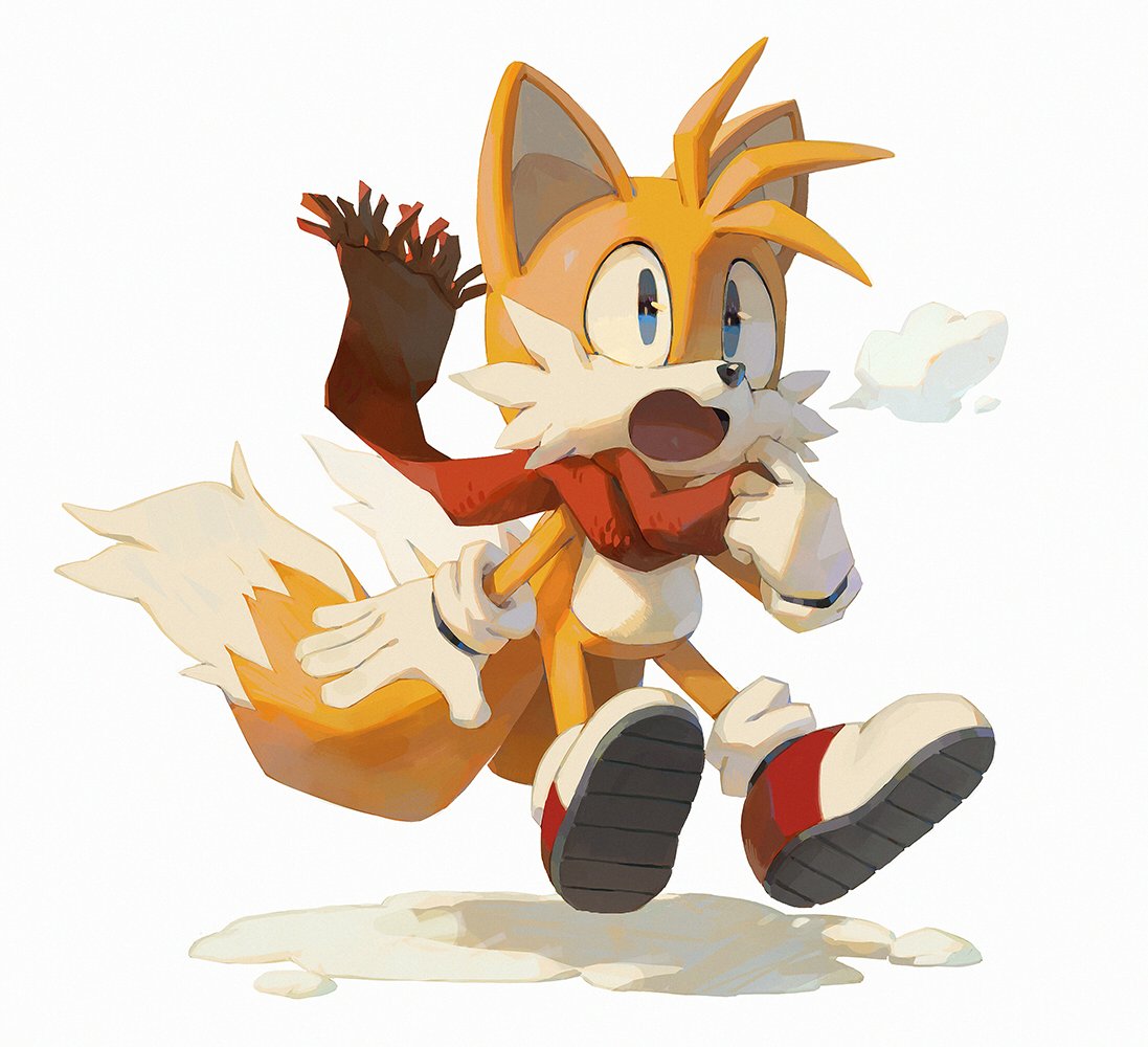 1boy :o blue_eyes bluekomadori fox_boy full_body furry furry_male gloves male_focus multiple_tails open_mouth red_scarf scarf shoes solo sonic_(series) surprised tail tails_(sonic) two_tails white_gloves