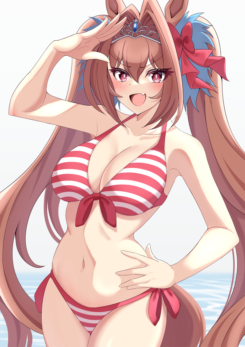 1girl :d animal_ears bikini bow breasts daiwa_scarlet_(umamusume) fang gradient gradient_background grey_background hair_bow hand_on_hip horse_ears horse_girl horse_tail large_breasts long_hair looking_at_viewer nanao_(naoekaki25) navel red_bikini red_bow red_eyes red_hair smile solo striped striped_bikini swimsuit tail tiara umamusume very_long_hair white_background