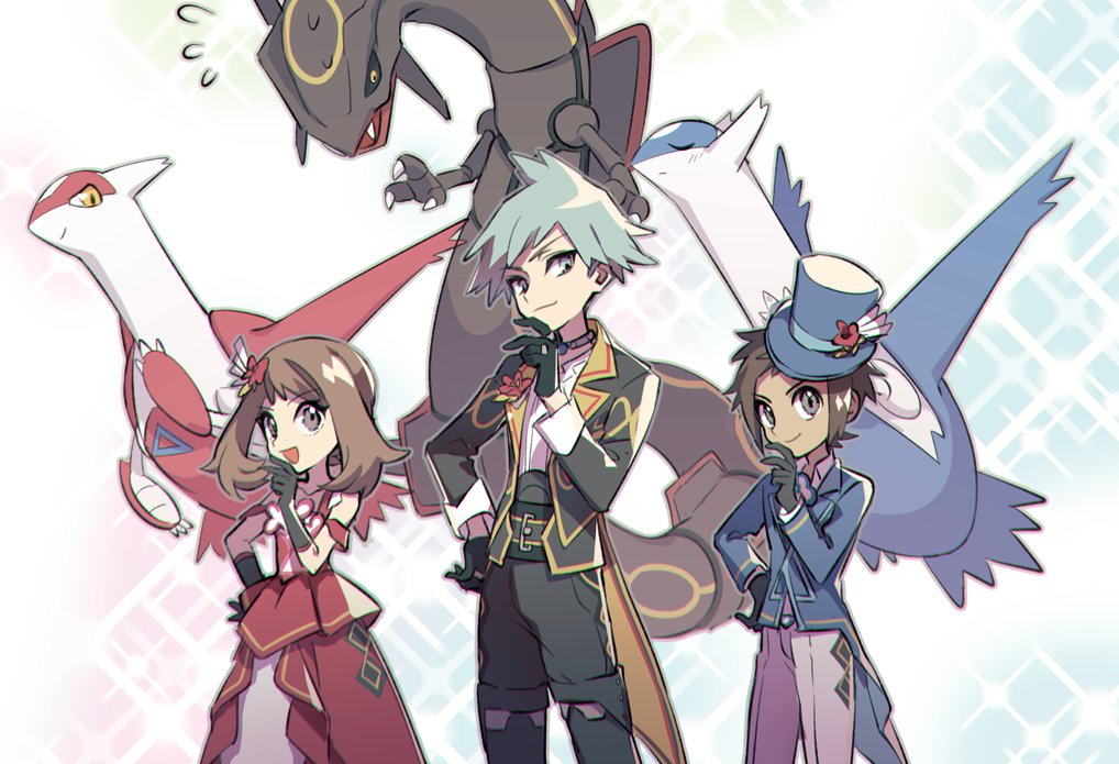 1girl 2boys :d alternate_color bangs black_gloves brendan_(pokemon) brown_hair claws closed_mouth commentary_request eyelashes flying_sweatdrops gloves grey_eyes hand_on_hip hand_up hat huan_li latias latios may_(pokemon) multiple_boys official_alternate_costume open_mouth pants pokemon pokemon_(game) pokemon_masters_ex pokemon_oras rayquaza shiny_pokemon shirt short_hair smile spiked_hair steven_stone tailcoat top_hat white_shirt