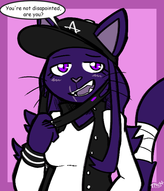 2021 anthro baseball_cap black_clothing black_hat black_headwear black_jacket black_mask black_pupils black_topwear blush border clothing comic_sans cute_fangs dialogue domestic_cat english_text face_mask felid feline felino felis female front_view fur grey_inner_ear grey_nose hair half-closed_eyes hat headgear headwear jacket looking_at_viewer mammal narrowed_eyes pink_background pink_border pupils purple_body purple_eyes purple_fur purple_hair scar shirt simple_background slit_pupils smile smirk solo speech_bubble stardust_(tricktrashing) tail_wraps talking_to_viewer text topwear white_clothing white_jacket white_shirt white_topwear wraps